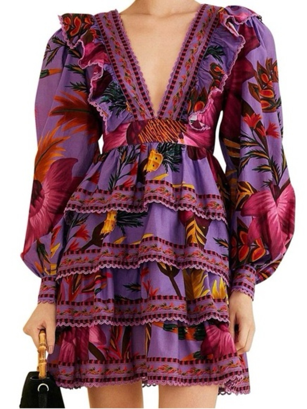 Farm Rio deep V-neck and tiered ruffle dress